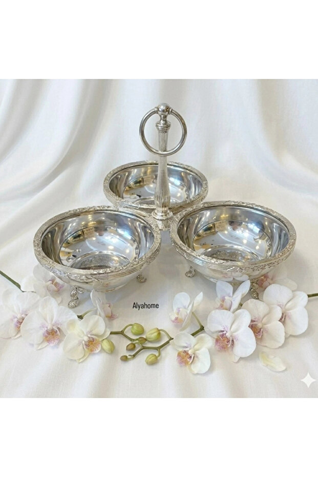 Three Compartment Metal Framed Stainless Steel Snack Bowl Silver