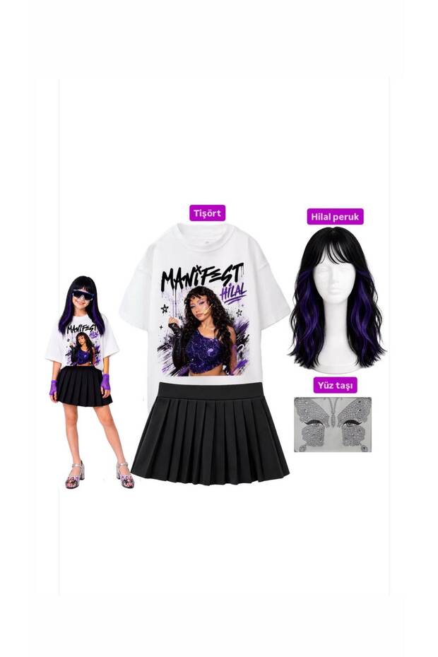 Manifest Hilal Wig Set Printed T-Shirt + Black Shorts Skirt (Skirt Is Thin Fabric) + Hilal Hair Wig + Face Stone Set Party Concert Birthday