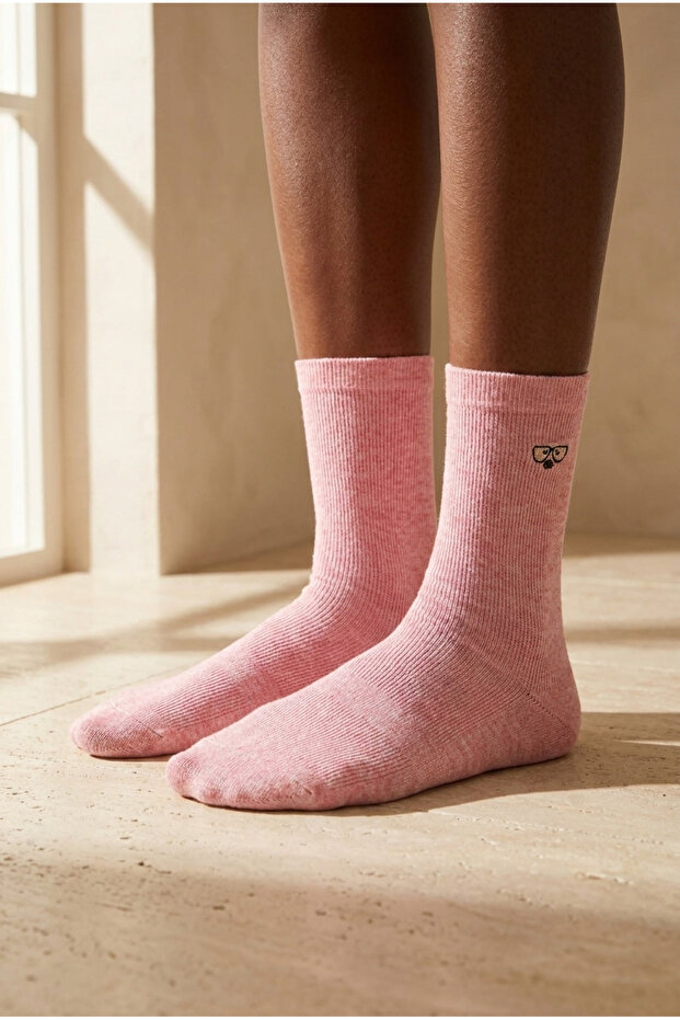 Unisex Dog Embroidered Socks Pink Melange