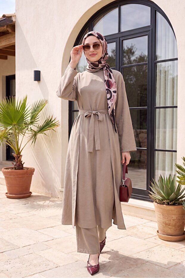Tunic, Long Slit Pants, Pocketed Modal Suit - Mink
