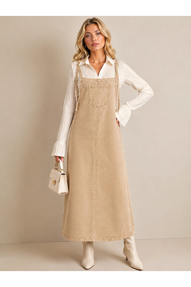 Beige Long Linen Gilet Dress with Straps