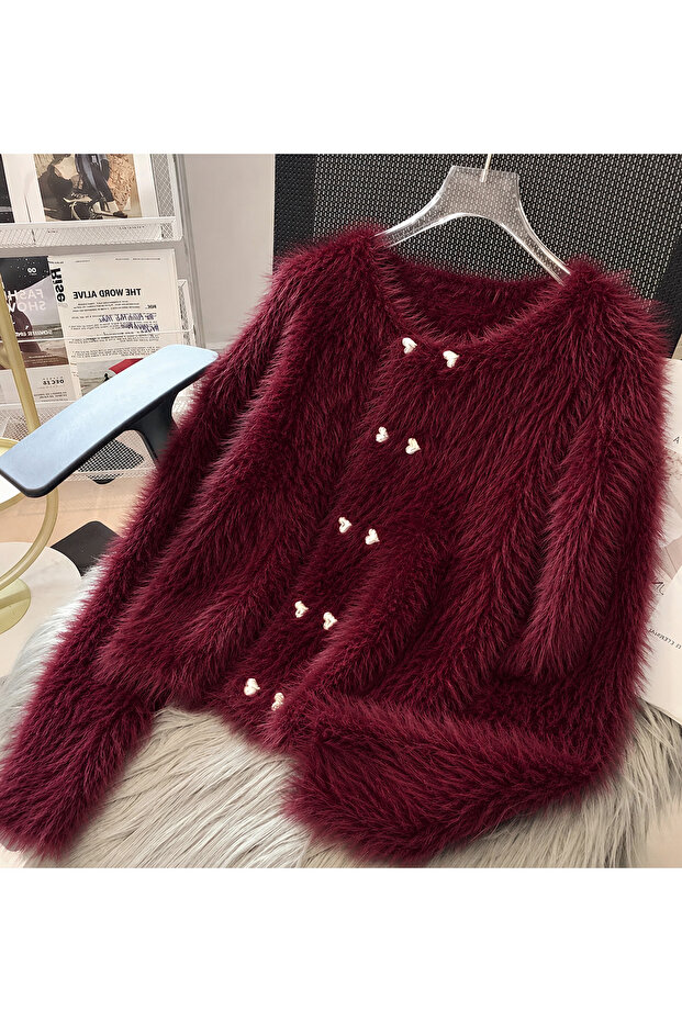 Women's Heart Buttoned Soft Look Knitwear Plush Basic Cardigan