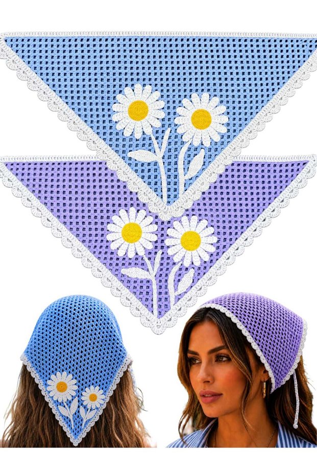 Women's Knitted Vintage Bandana with Daisy Flower Motif Summer Bohemian Hair Bandana Set of 2
