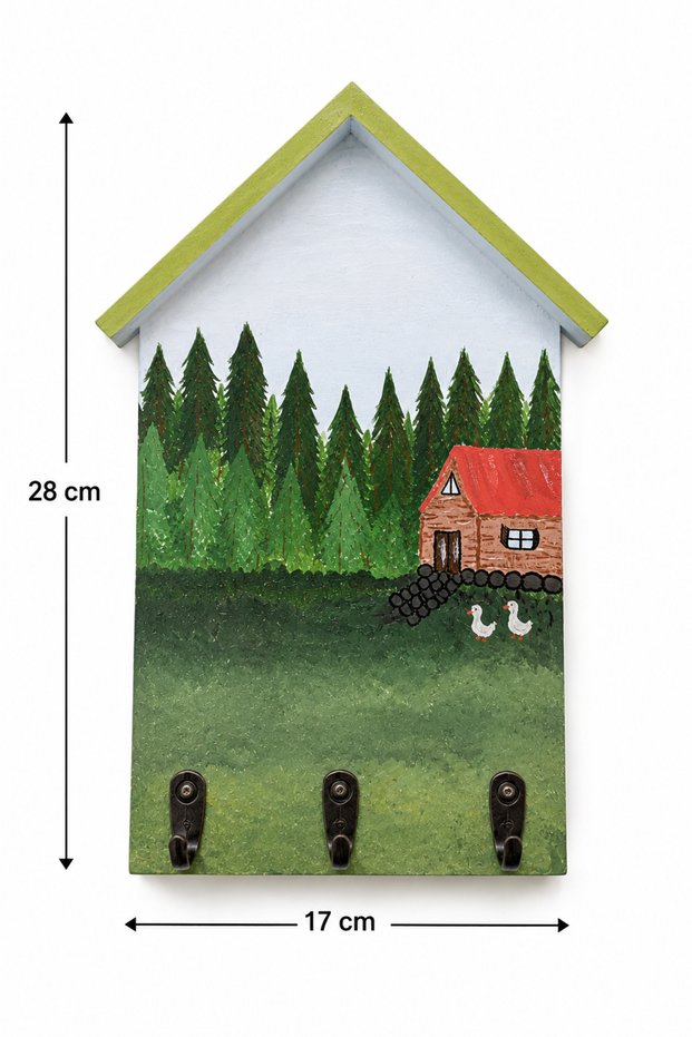 Hand Painted Wooden House Key Holder – Decorative Wall Key Holder – 3 Hooks – 17X28 cm