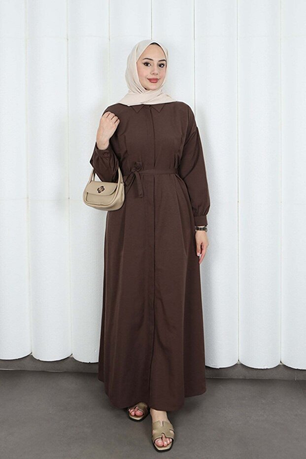 Hidden Button Belted Terikoton Dress Hnt0316 Bitter Brown