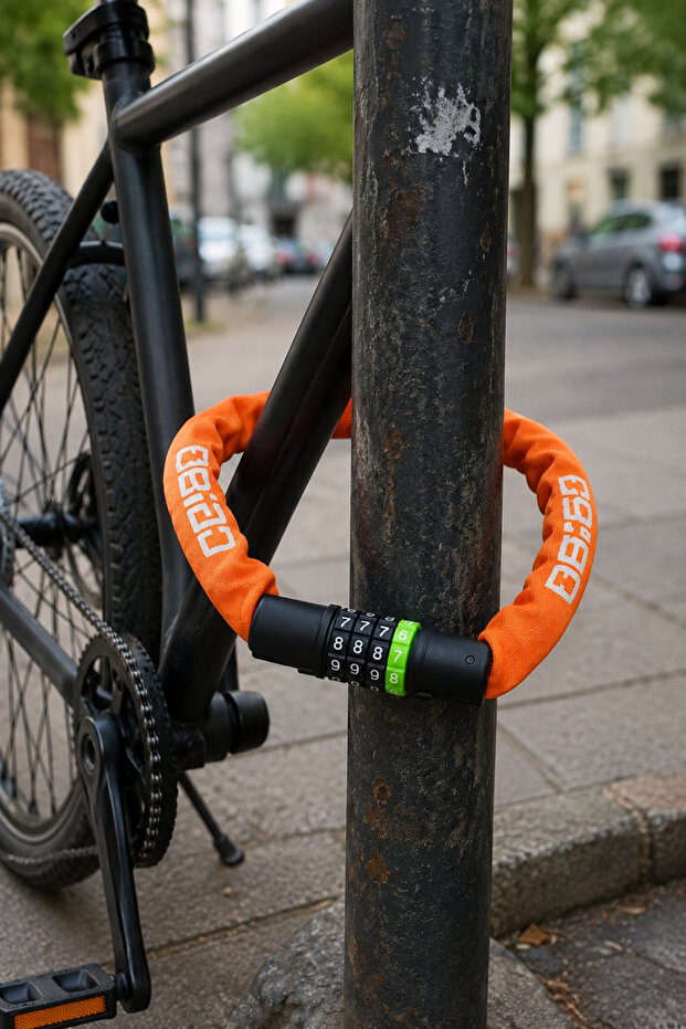 Fabric Covered 4-Digit Combination Bicycle and Scooter Chain Lock 120 cm - Orange Color