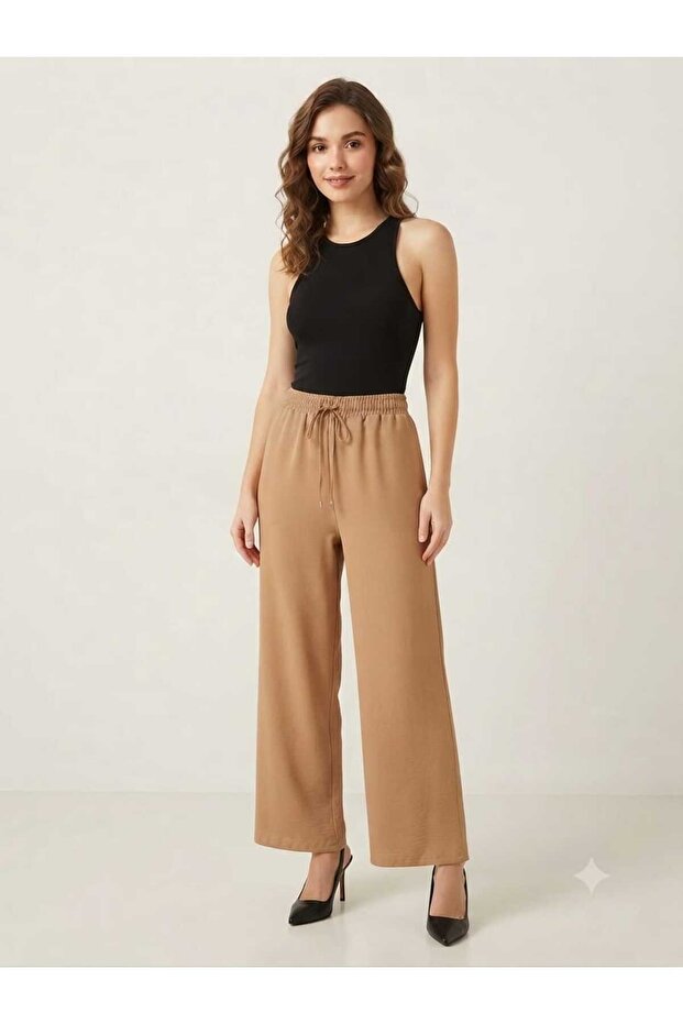 Women's Elastic Waist Drawstring Aerobin Palazzo Wide Leg Pants