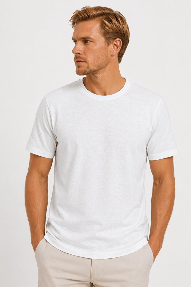 White Terry Fabric Comfortable Fit Crew Neck Men's T-Shirt// 9000-White