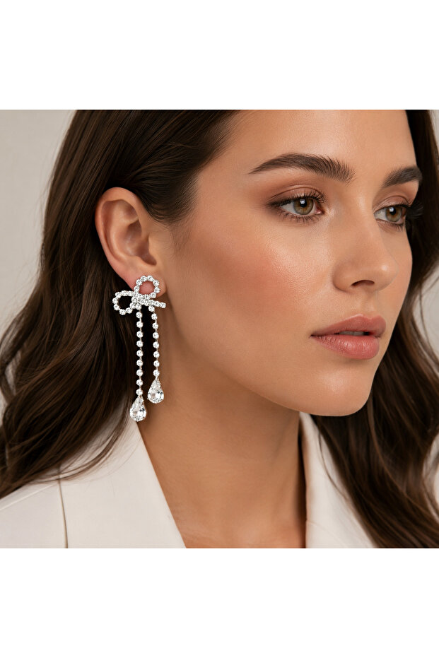 Bowknot Model Dangle Earrings for Women - Elegant Evening Dress Earrings with Sparkling Stones