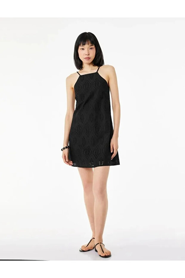 Cotton Strappy Halter Neck Embroidered Mini Dress