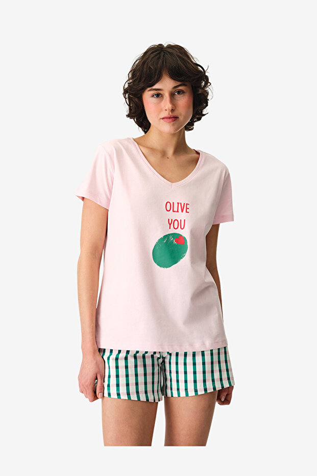 Women Olive You Short Sleeve Shorts Multicolour Pyjama Set