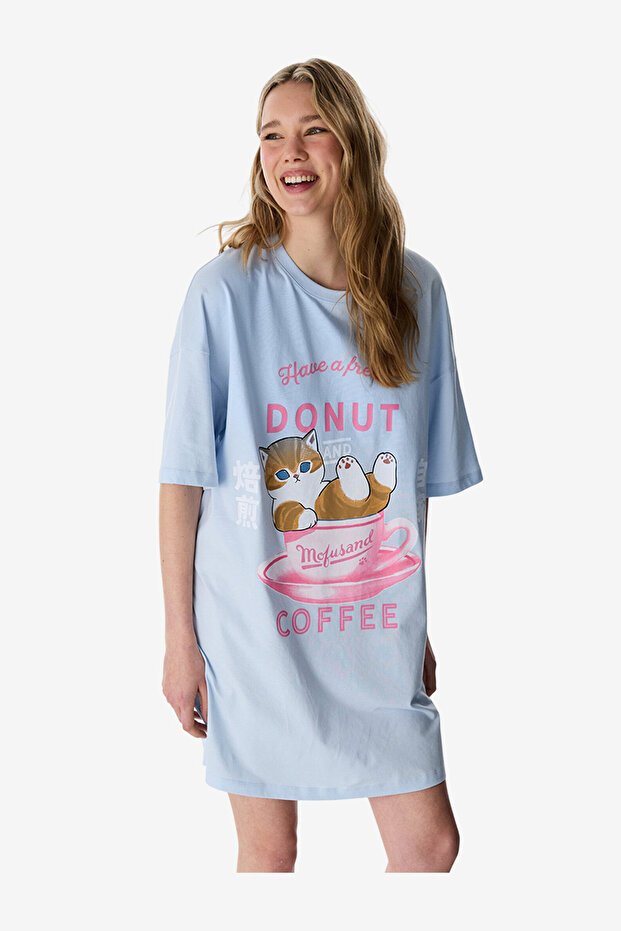 Women Mofusand Short Sleeve Light Blue Night Dress