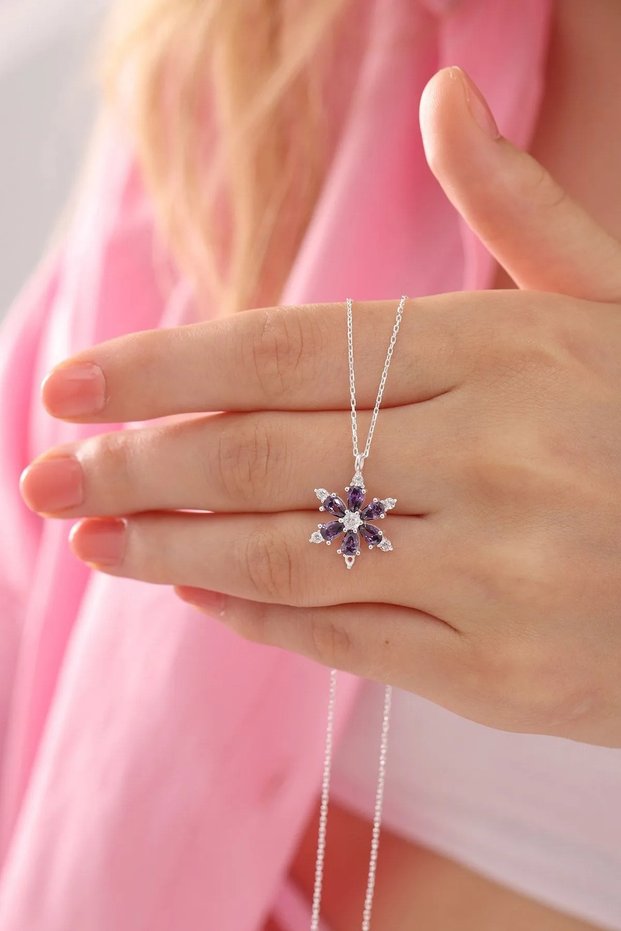 Silver Color Purple Drop Stone Lotus Camellia Flower Steel Necklace