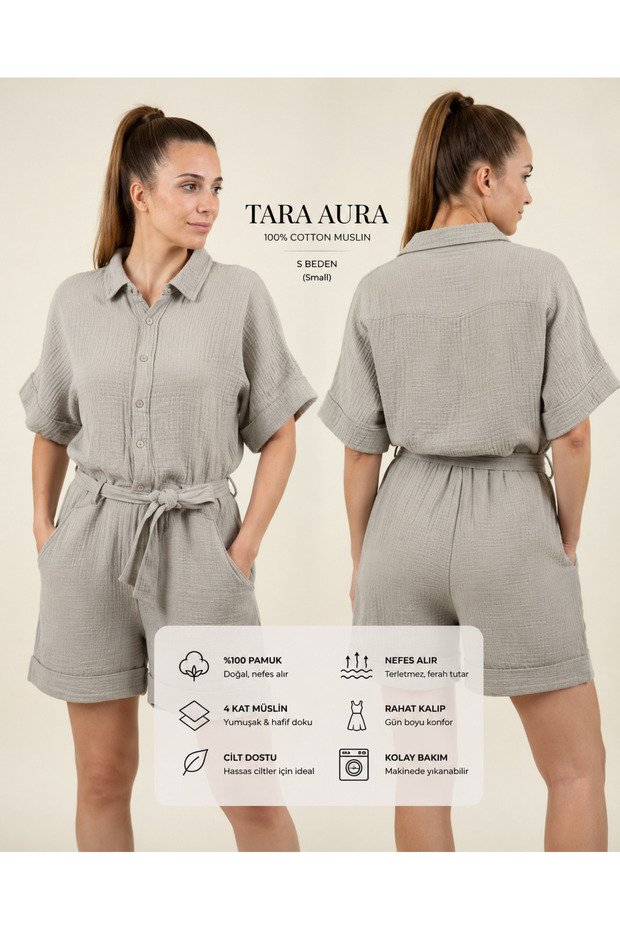 100% Cotton 4 Layer Muslin Shorts Overalls-Grey