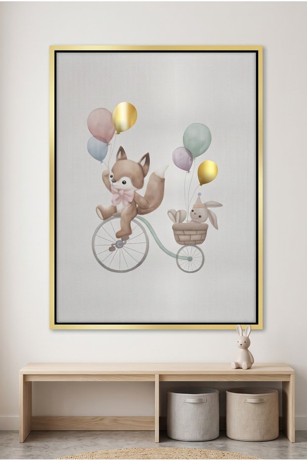Whimsical Woodland Friends Kids Wall Art | Portrait Framed Canvas Print with Gold Foil Embossed | Luxury Modern Decor for Kids Room