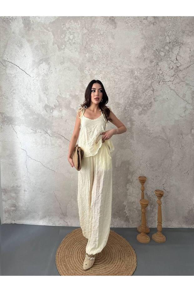Women's Summer Tiril Tiril Wrap Double Set Shoulder Detailed Strap Blouse Pants Set