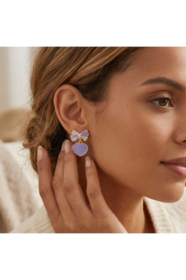 Bowknot Heart Steel Earrings |   Anti-Tarnish Gold Plated Purple Color