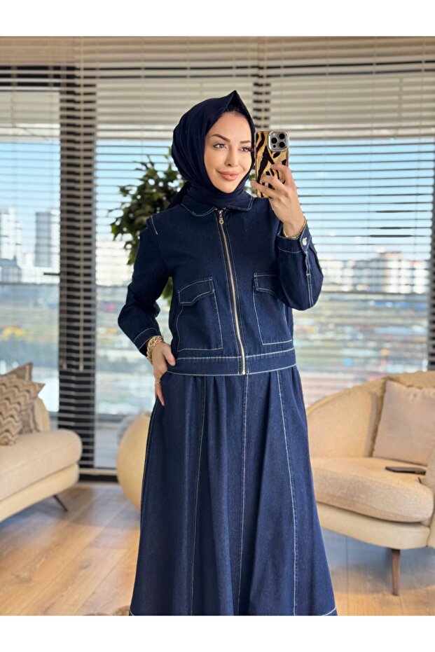 7514 طقم جينز مع جيب أمامي وتنورة بسحاب باللون الأزرق الداكن