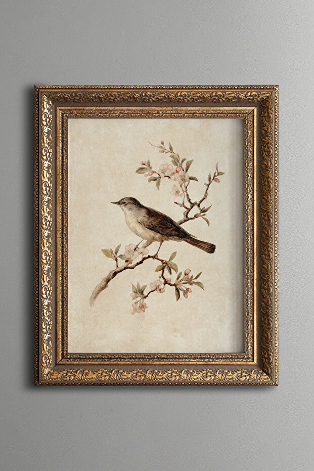 Birds and Flowers on a Branch - Vintage Patterned Painting - Thick Model