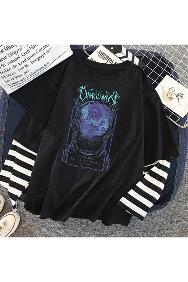 Draconia Printed Fake Sleeve Sleeves Black Unisex Oversize T-Shirt