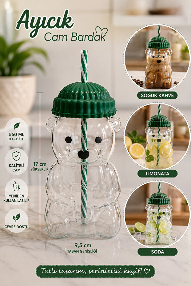 Barista Teddy Bear Figured Glass Cold Drink Lemonade Soft Drink Cup with Silicone Straw and Lid 550 ml