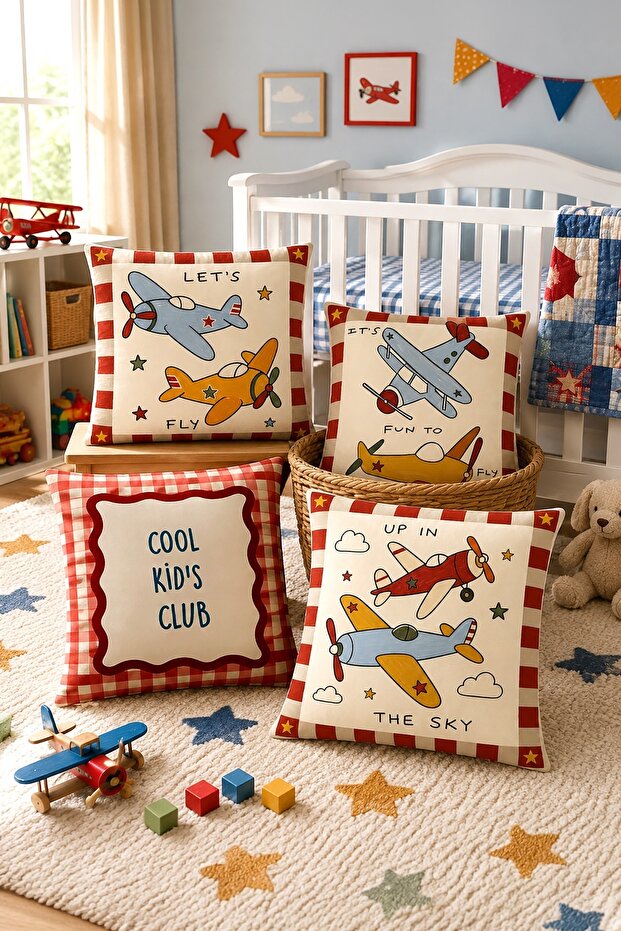 Cute Airplanes Patterned 4-Piece Children's and Baby Pillow Cover Set