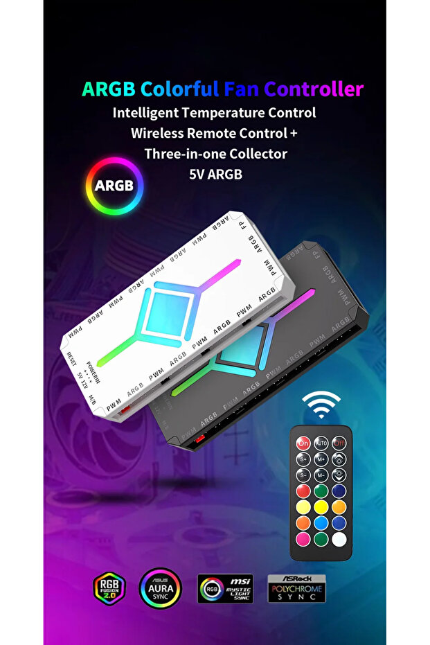 9+9 Port Pwm Argb Fan Controller | 5V 3 Pin Synchronous | 4 Pin Pwm | Wireless Controlled | Magnetic Fan Hub | White