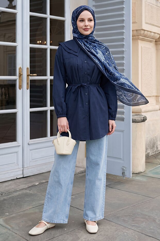 Baby Collar Buttoned Navy Blue Tunic