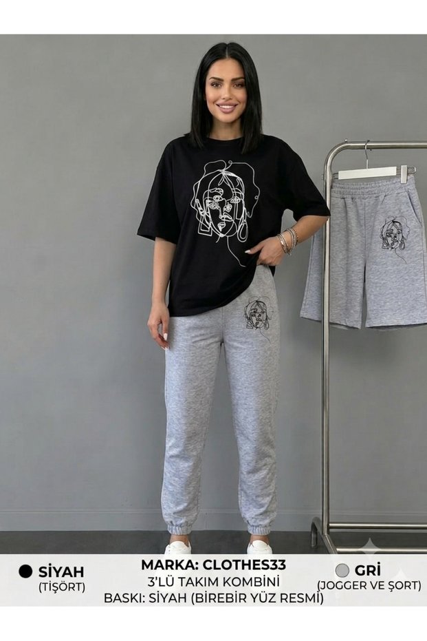 T-Shirt, Sweatpants, Shorts 3-Piece Combination Thin, Sweat-Absorbing Summer Women's / Girls' Model