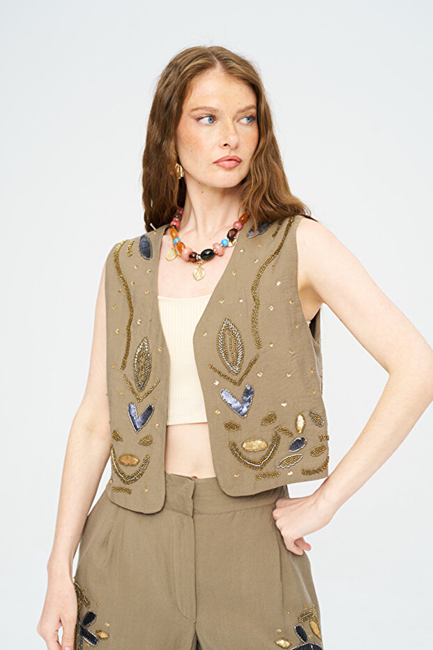 Women's Beaded and Sequined Flowy Vest