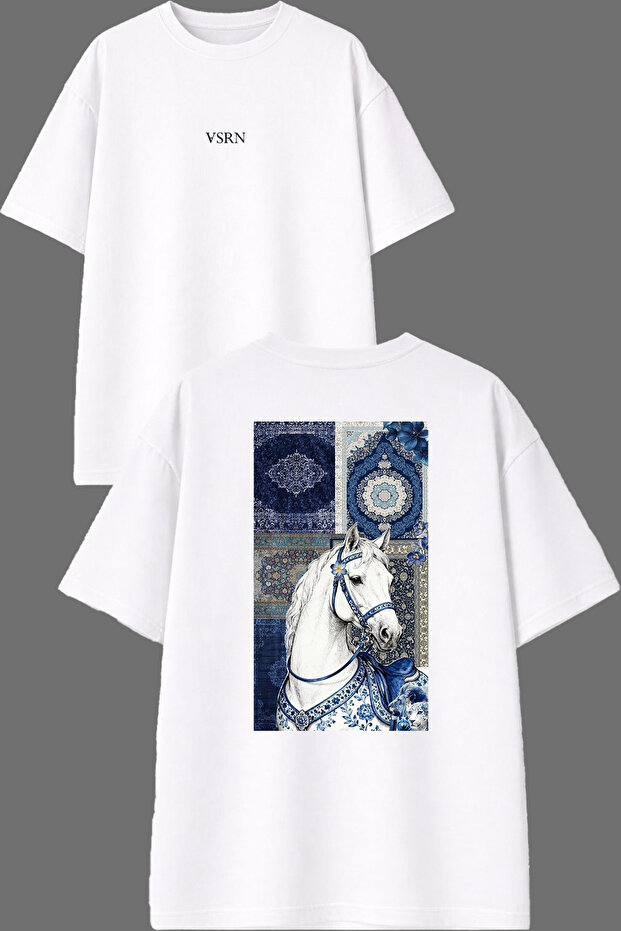Blue and White Horse Design White Oversize T-Shirt with Back Print