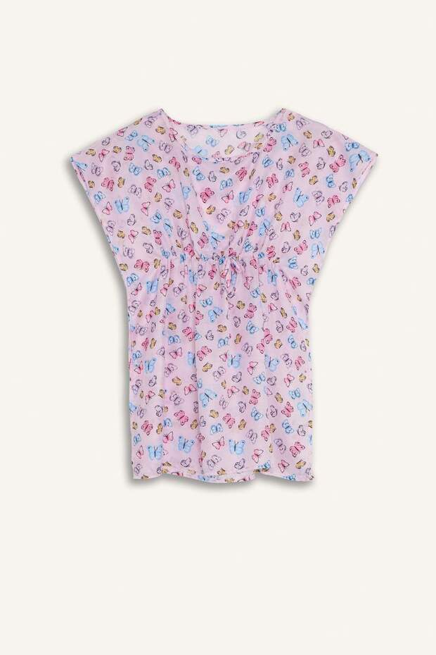 Round Neck Gathered Waist Patterned Poncho for Girls I3216A826Sm
