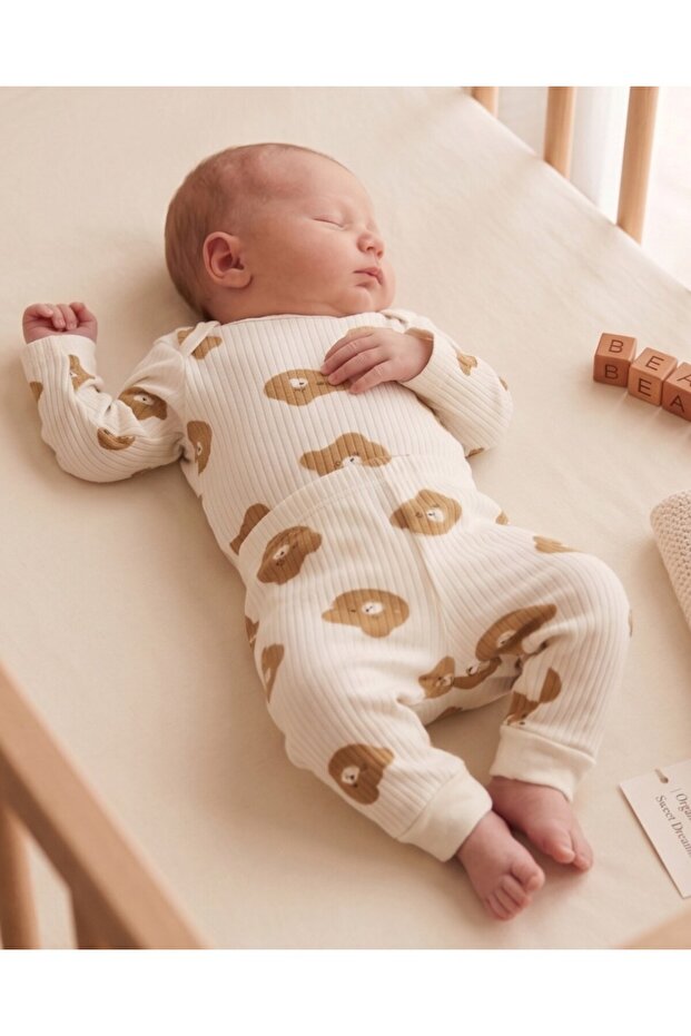 100% Cotton 0-3-6-9-12 Months Teddy Bear Printed Snap-On Bodysuit and Pants 2-Piece Ribbed Thin Set