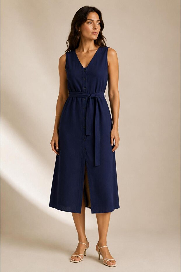 V-Neck Belted Linen Midi Dress