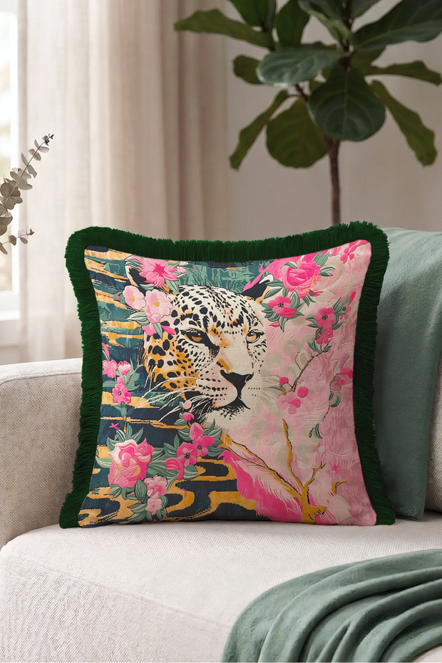 Leopard Floral Pattern Exotic Fringe Pillowcase - Tropical Pink Green Gray Tassel Throw Pillow Cover