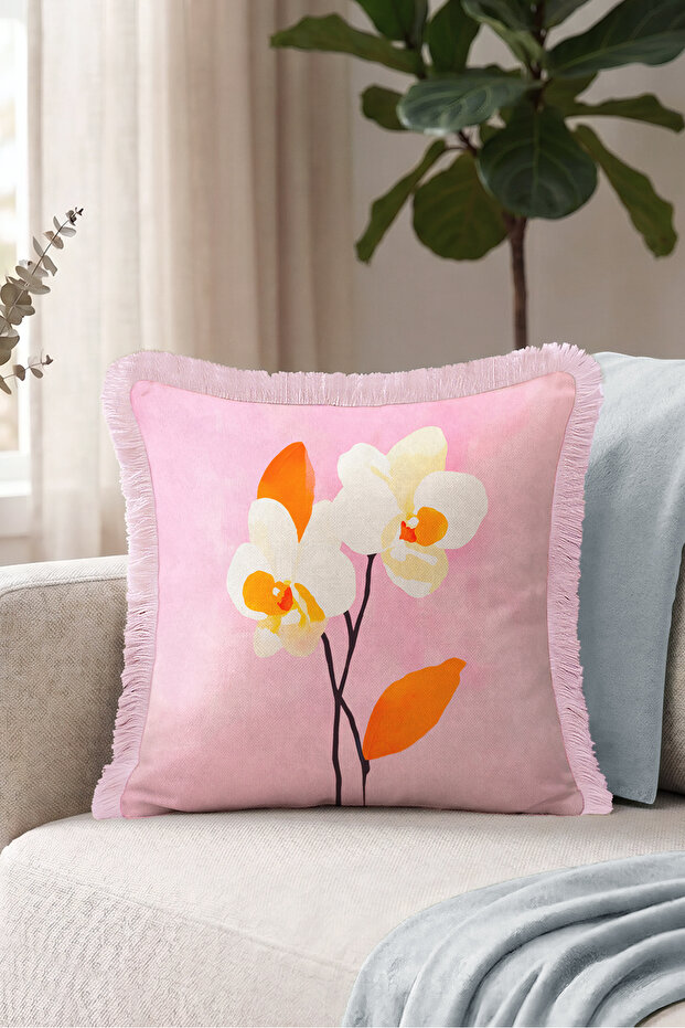 Elegant Orchid Floral Pattern Fringed Pillowcase - Botanika Bohemian Ecru Cream Tassel Throw Pillow Cover