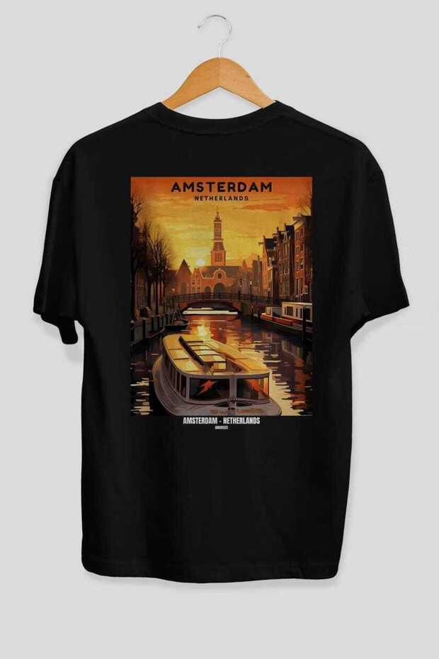 Amsterdam Netherlands 3 Black Oversize Country City Back Printed Unisex T-Shirt 100% Cotton Premium