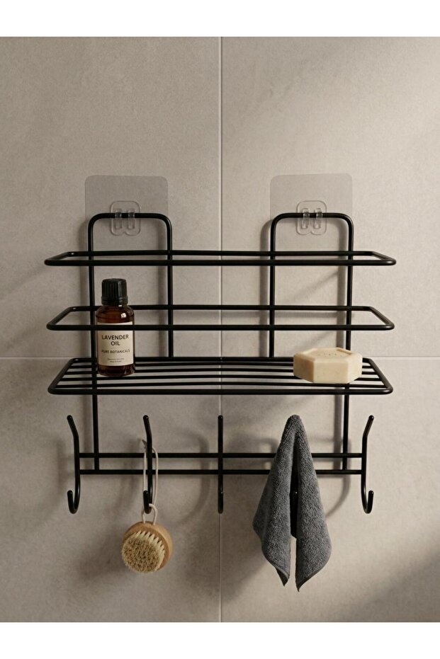 Adhesive Bathroom Shelf with 10 Hangers Shower Shelf No Drilling Mounting Black Metal Organizer