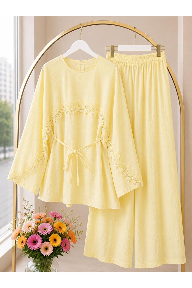 Women's Tunic Cape Guipure Detailed Trousers Set -0600