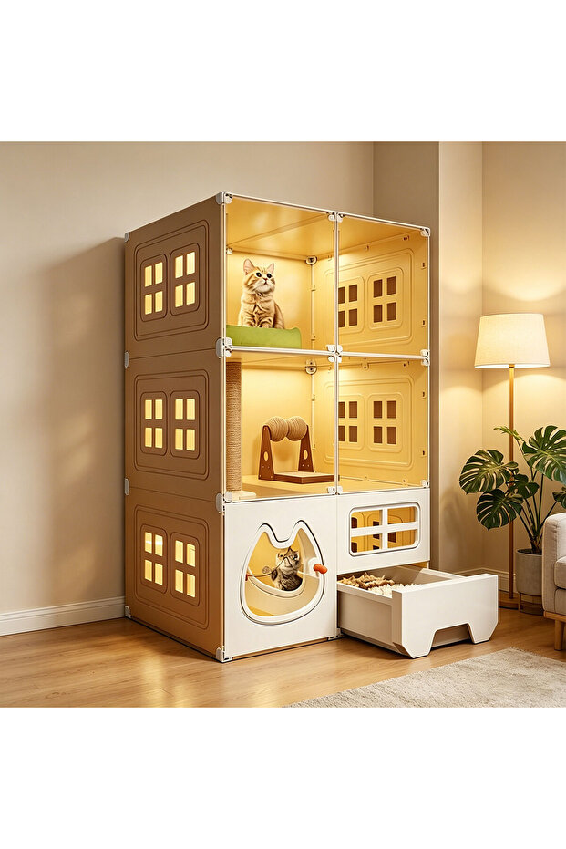 3 Tier Cat Cages Transparent Cat Enclosures with Enclosed Litter Box Easy to Assemble for 1-3 Cats