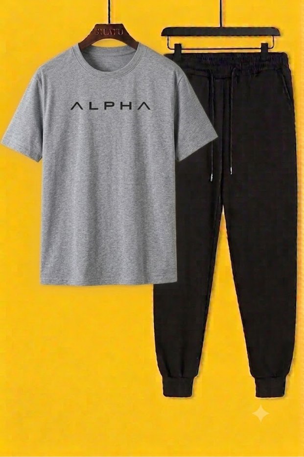 Unisex Alpha Printed Black Tracksuit T-Shirt Set