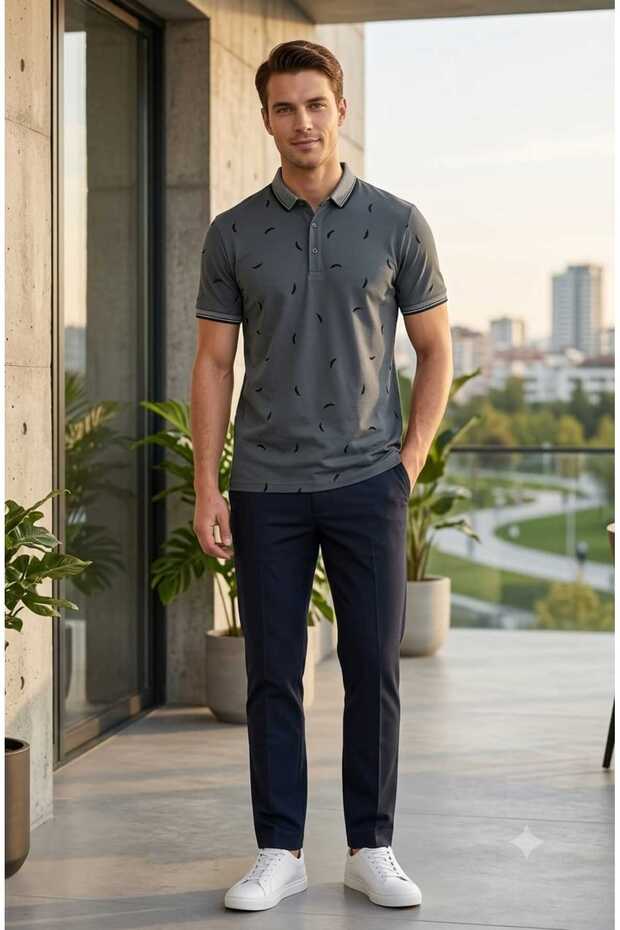 Men's Leaf Pattern Polo Collar T-Shirt