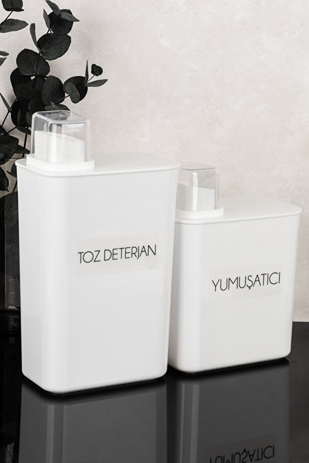 Set of 2 Self-Scale Detergent Boxes with Labels 3000 ml - 2200 ml Powder Detergent Softener Label Scale Lid Detergent Container