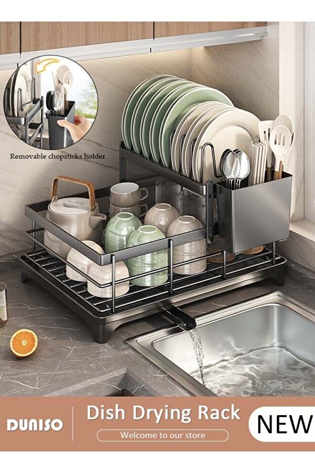 2-Tier Dish Drying Rack, Space Saving Dish Drying Stand for Kitchen Counter, Stainless Steel Dish Drainer with Cups Holder for Dishes, Knives, Spoons, Forks