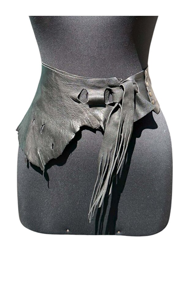 Honoria Asymmetrical Cut Tasseled Black Leather Belt