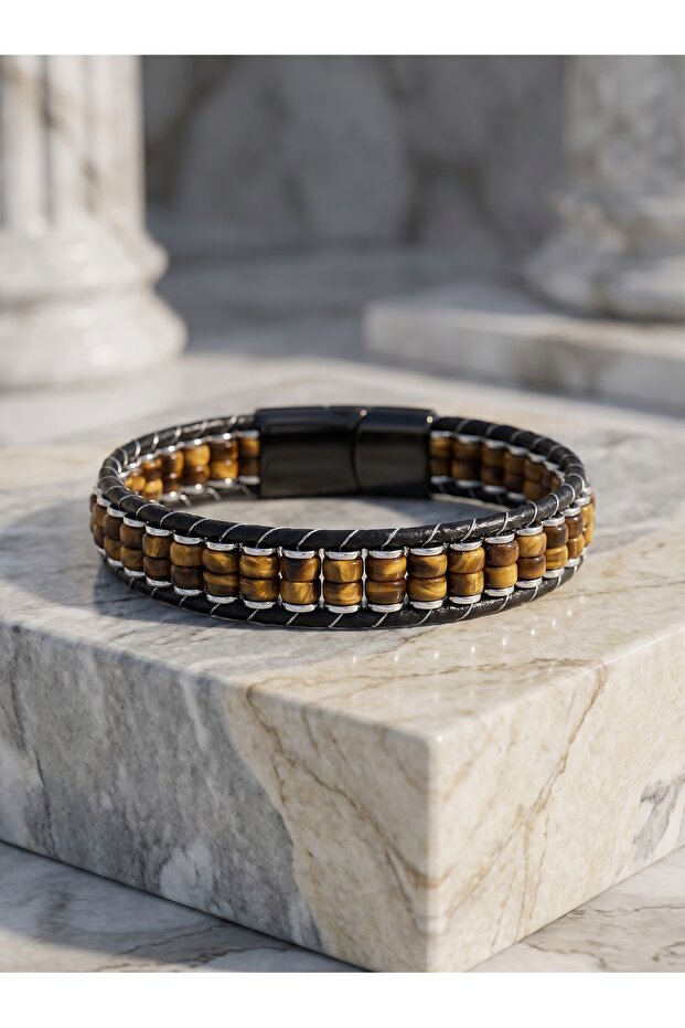 Tiger's Eye and Hematite Steel Braided Leather Men's Gift Bracelet 01896