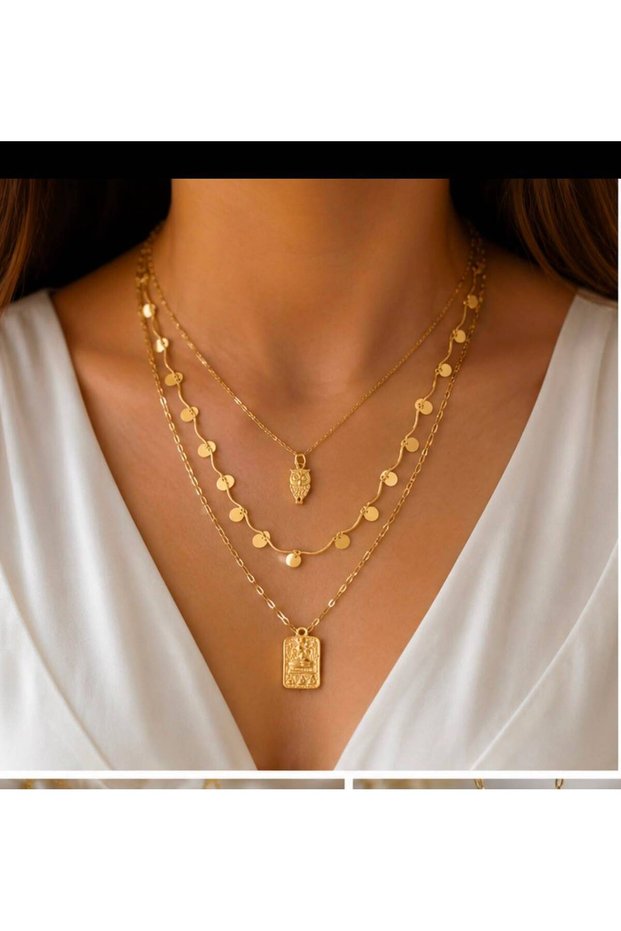 Golden Radiance 3 Layered Owl & Antique Medallion Necklace