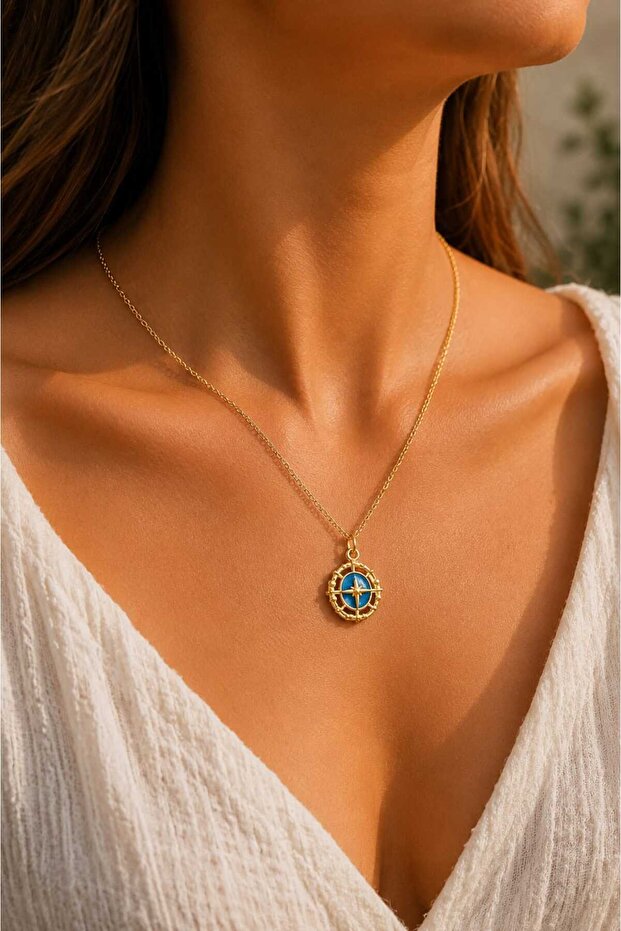Enamel Compass Figured Pendant, Enamel Necklace
