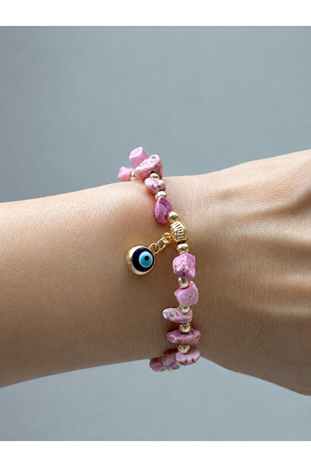 Natural Stone Pink Toned Cracked Stone Beaded Gold Color Detailed Bracelet, Evil Eye Beaded Elastic Bracelet