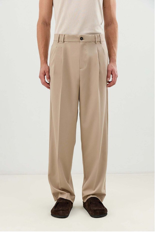 Beige Pleated Relax Fit Men's Trousers